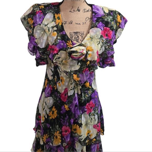 Vintage Ruffled Floral Dress Romantic Cottagecore Party 80s Cocktail Maxi - Picture 9 of 13